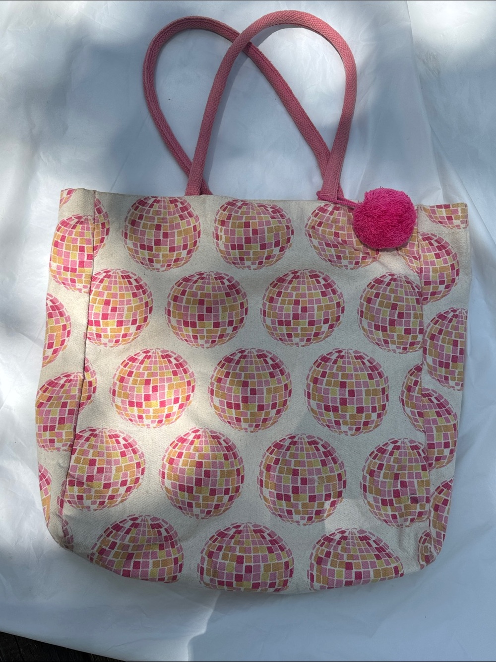 Pink Mosaic Disco Ball Canvas Tote Bag with Pom Accent - Picture 2 of 6